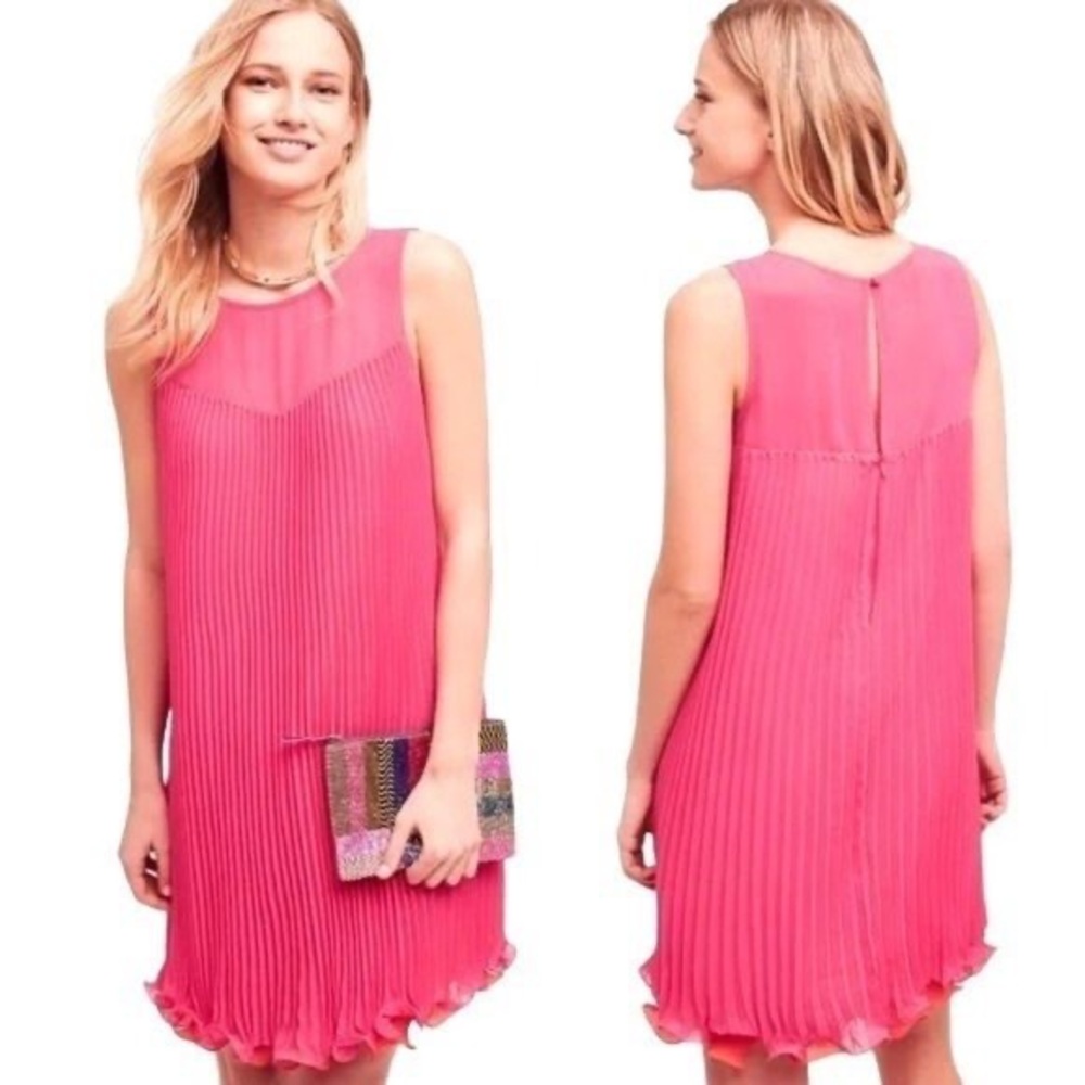 Anthropologie Maeve Hot Pink & Orange Layered Pleat Ruffle Swing Dress - 2
